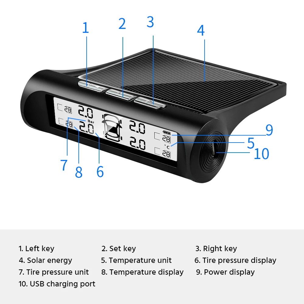 Car Solar Power TPMS Tire Pressure 4 External Sensors  Alarm Digital Display Auto Tester Warning Presssure Monitoring System