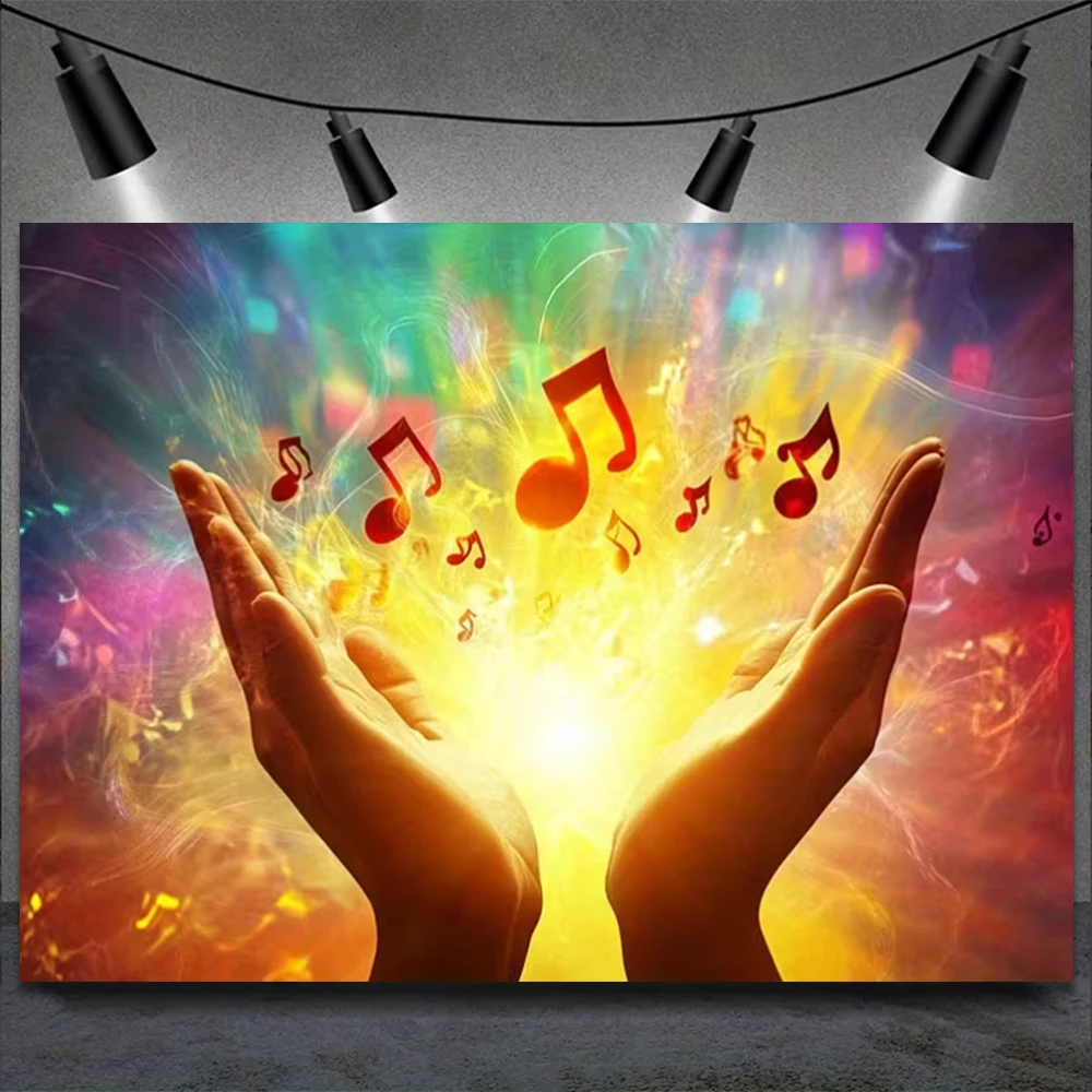 Vibrant Music Birthday Party Decoration Background Banner Piano musical Notes Golden Microphone backdrop Neon Rock Photo Props