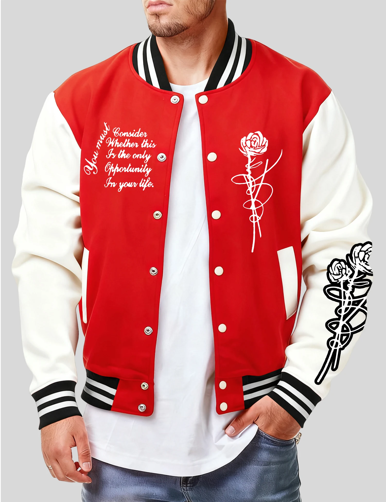 

Wrapped Roses And Artistic Words Men Baseball Jacket Fashion Retro Streetwear Fleece Loose Jersey Unisex All-Match Autumn Coats
