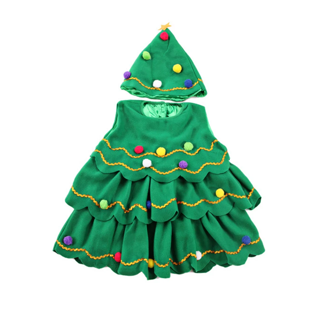 Kids Christmas Tree Children Stage Show Costumes Hat and Dress Cosplay Green Man