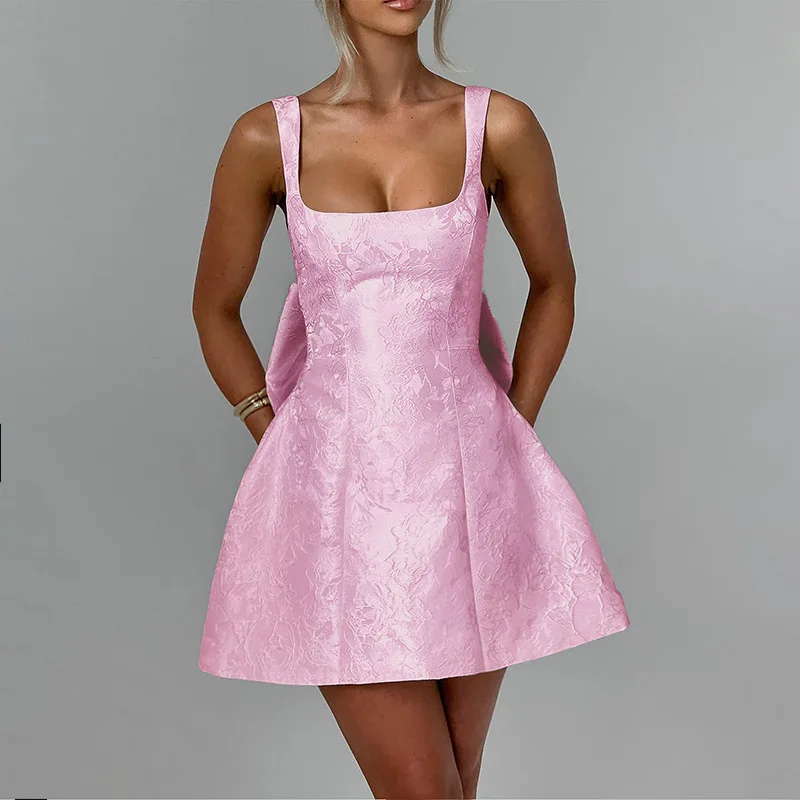 Elegant Pink Jacquard Mini Dress for Women 2025 Summer Square Neck A-Line Dress with Back Bow Detail