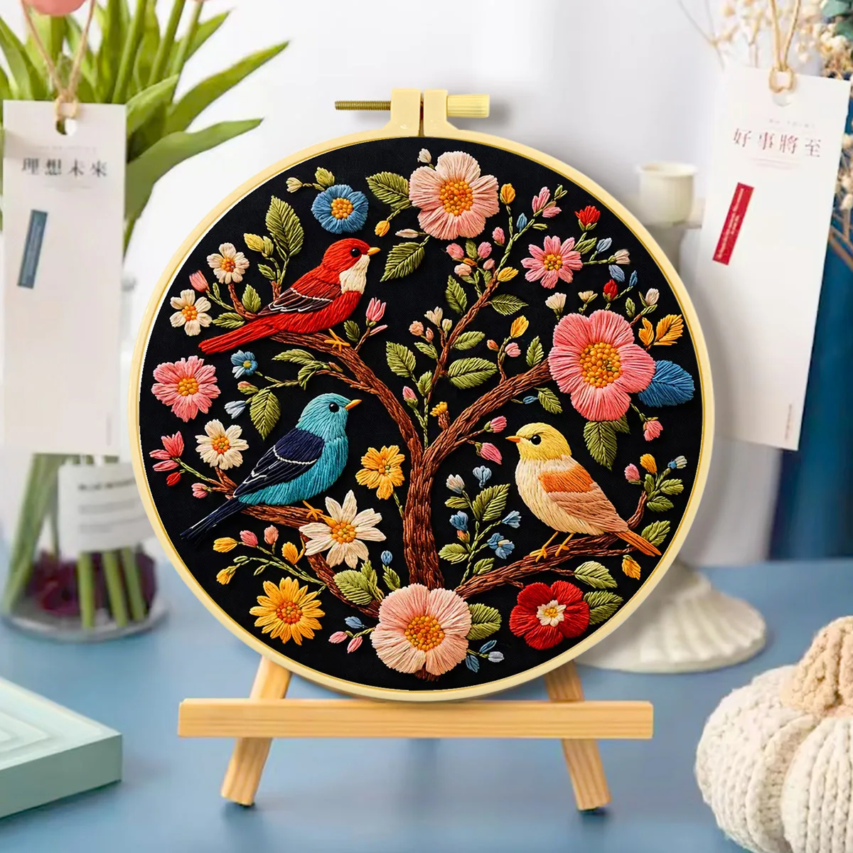 All‑in‑One Adult Embroidery Kit for Home Ornament, Four Birds Among Blossoms Design, Comes with Needles & Durable Threads