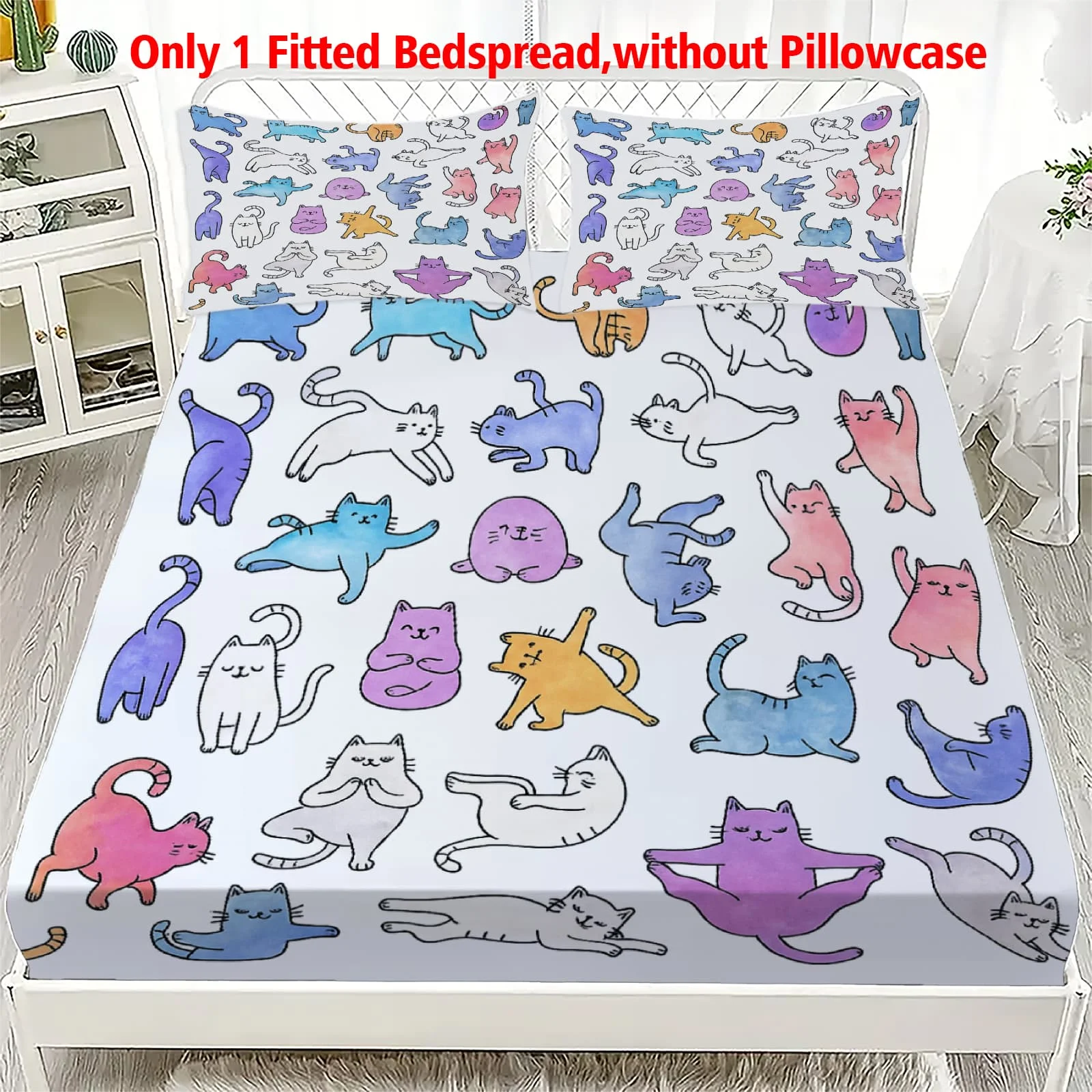 1pc Pastel Rainbow Cats Print Fitted Sheet Deep Pocket Elastic Mattress Cover Single Double Queen King Bedroom Decor