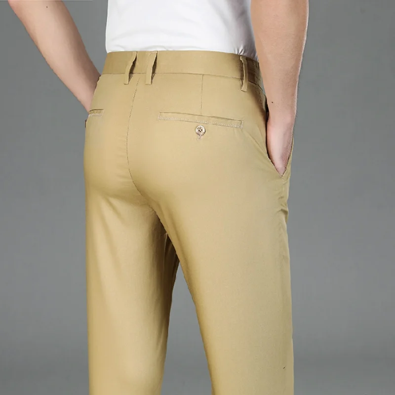 Calça casual justa em fibra de bambu masculina, fina e reta reta, calça de escritório versátil, verão