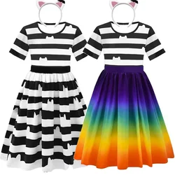 Summer Toddler Girls Gabby Dollhouse Princess Rainbow Striped Dress+Cat Headband Kids Carnival Birthday Party Dress Gifts 3-8Yrs