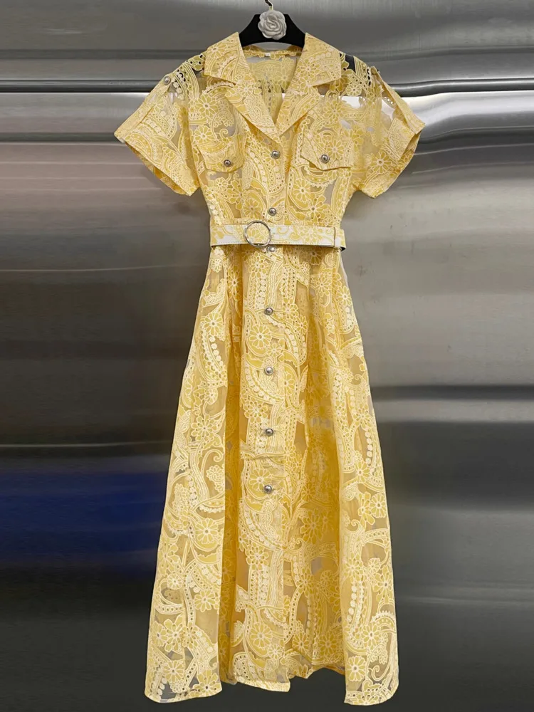 DFDG Abito lungo da donna in pizzo ricamato giallo semplicità 2025 per le vacanze Boho Chic Designer Elegante abito lungo primavera estate