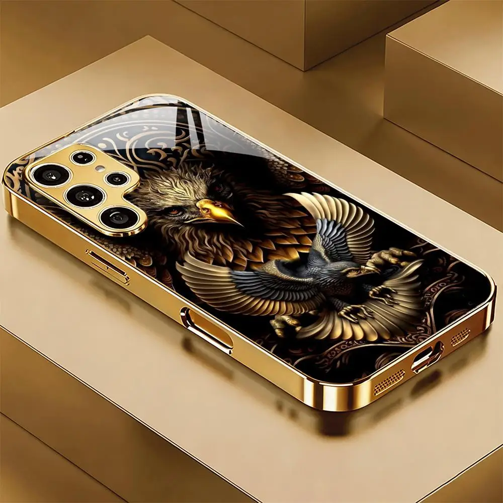 Gold Black Eagle Black Glass Phone Case For Samsung S26 S25 Ultra S24 S23 FE S22 Plus Anti Scratch Protective Cover Hard Shell