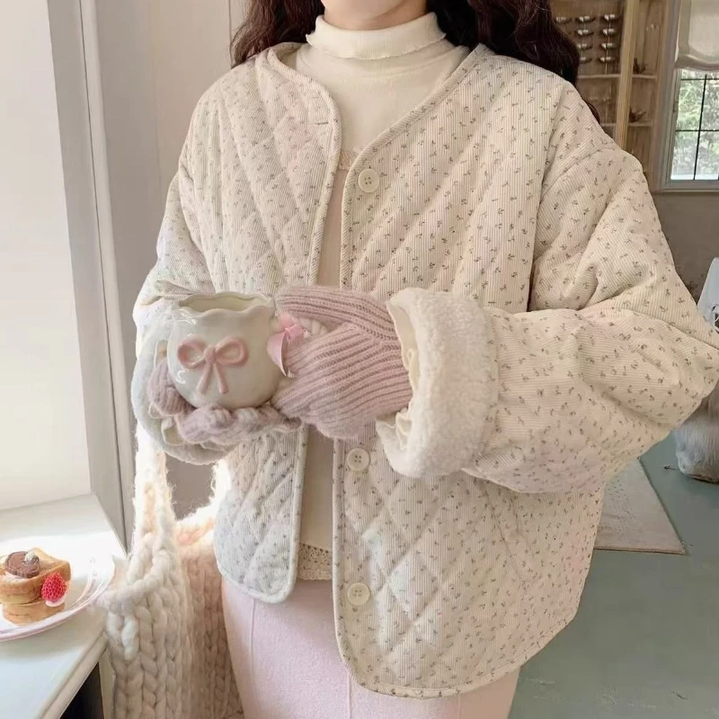 

Corduroy Anti-aging Round Neck Floral Cotton Jacket for Women, Loose and Versatile for Autumn and Winter, Warm Long Sleeved