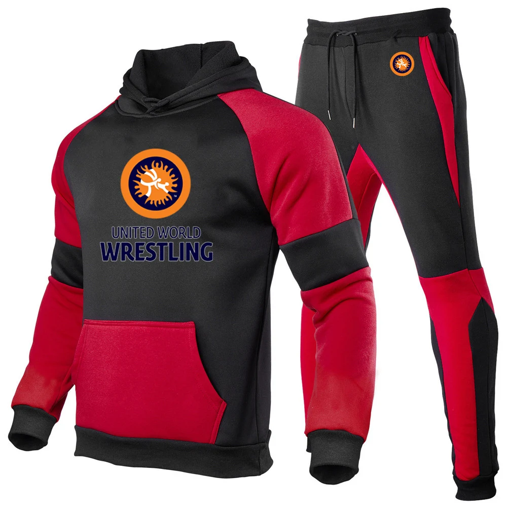 

United World Wrestling UWW 2025 Spring And Autumn New Men's Suit Casual Stitching Patchwork Hoodie+ Trouser Harajuku Sets