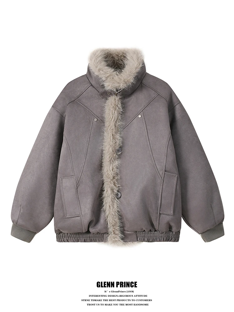 

Мужская куртка GPstudio в американском ретро-стиле из деконструированной замши с утолщенным меховым воротником, теплая верхняя одежда, повседневный свободный крой, длинный рукав