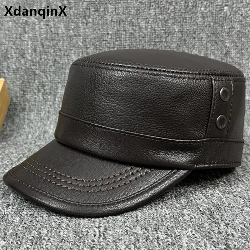 New Autumn Men's Leather Cap Natural Sheepskin Military Hats Adjustable Size Flat Cap High-quality Leather Fishing Caps For Men