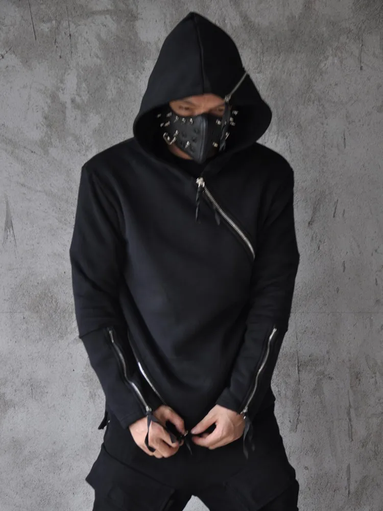 Black Gothic Mens Hooded Sweatshirt Zippers Wizard Hat Slim Fit Tops Casual Streetwear New Autumn Fleece Lining Hoodies Pullover