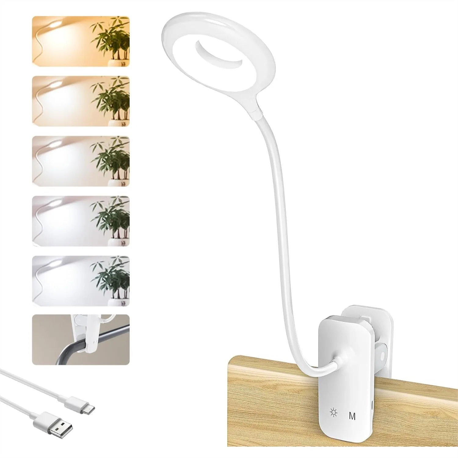 

Clip on Reading Light for Bed Headboard, Rechargeable Battery Clamp on Bunk Bed Light, 5 Colors 5 Brightness Flexible Neck Desk