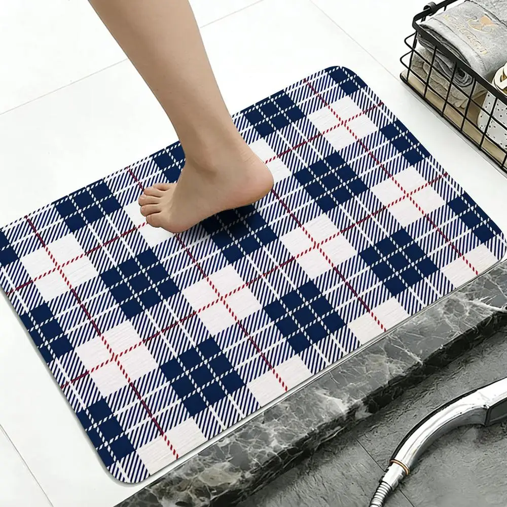 English Gingham P-Pattern Floor Mat Diatomite Bath Mat, Quick Dry, Absorbent, Multi-Scene Mat