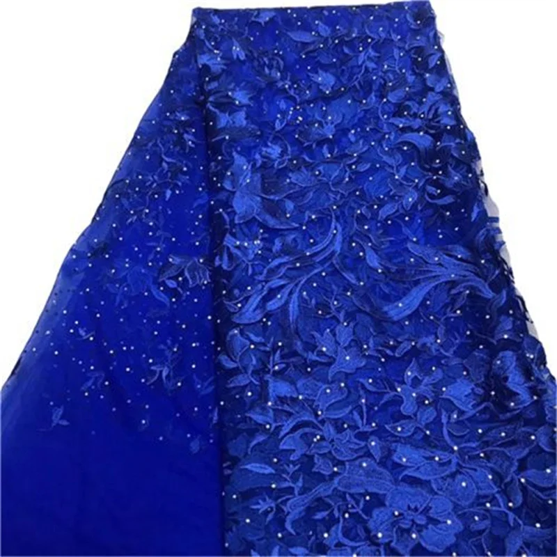 Tulle Lace Fabric with Rhinestones Beads for Nigerian Wedding Dress, Royal Blue, French Net, High Quality, 2019