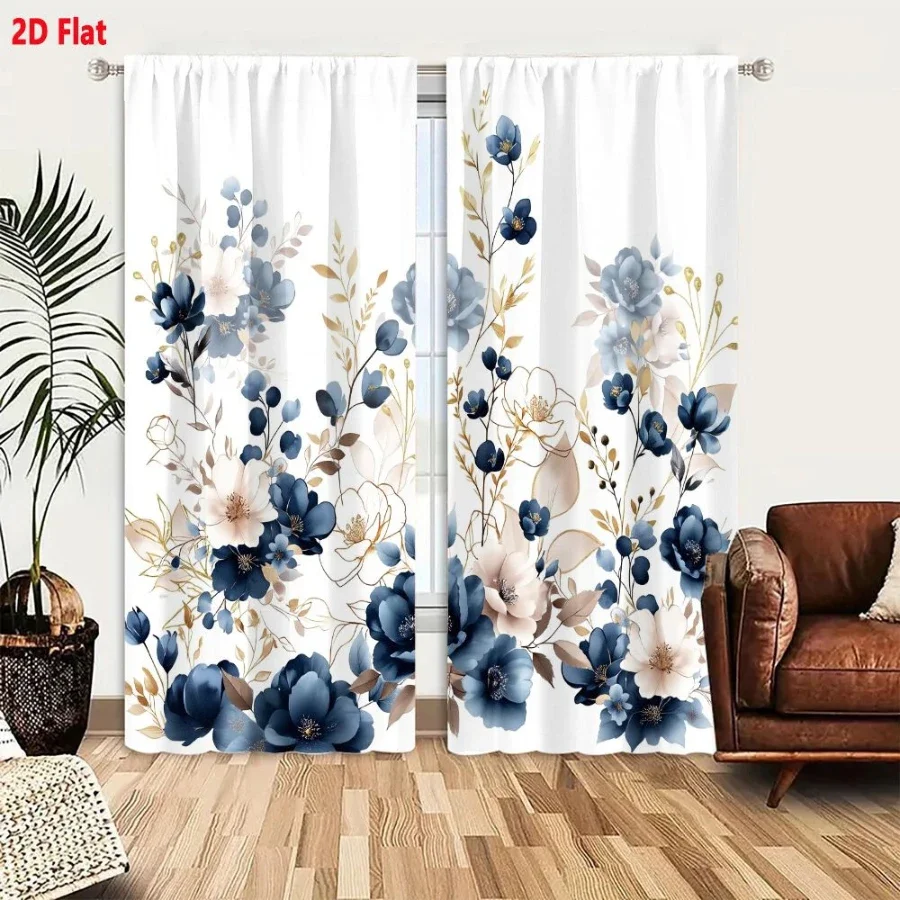 Digital Printed Curtains, Blue Flower White Tea Pattern, Beautiful Window Drapes for Living Room Bedroom Home Decor