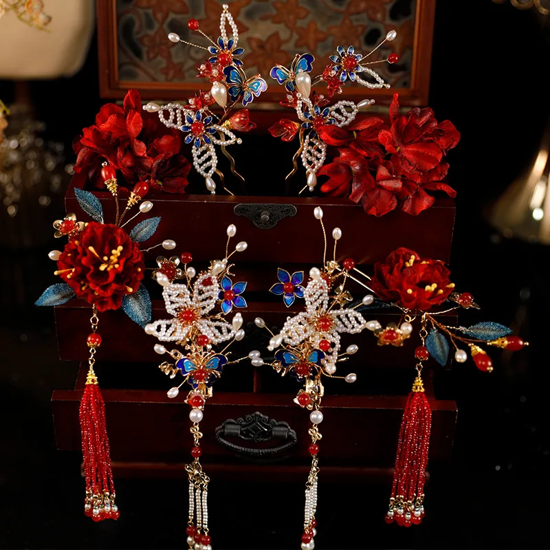 New Chinese Xiuhe Headdress Bridal Handmade Tassel Bow Hair Clasp Super High-Grade Xiuhe Clothing and Gown