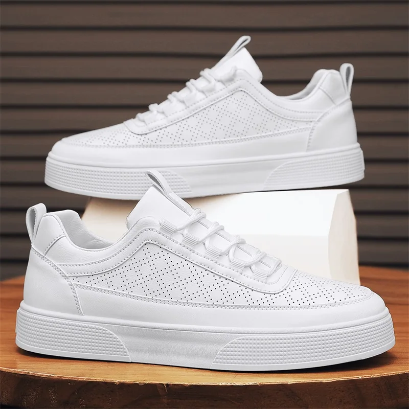 Men White Shoes Leather Casual Sneakers 2024 Trend Platform Shoes Comfortable Vulcanized Shoes for Men White Tenis Masculinos