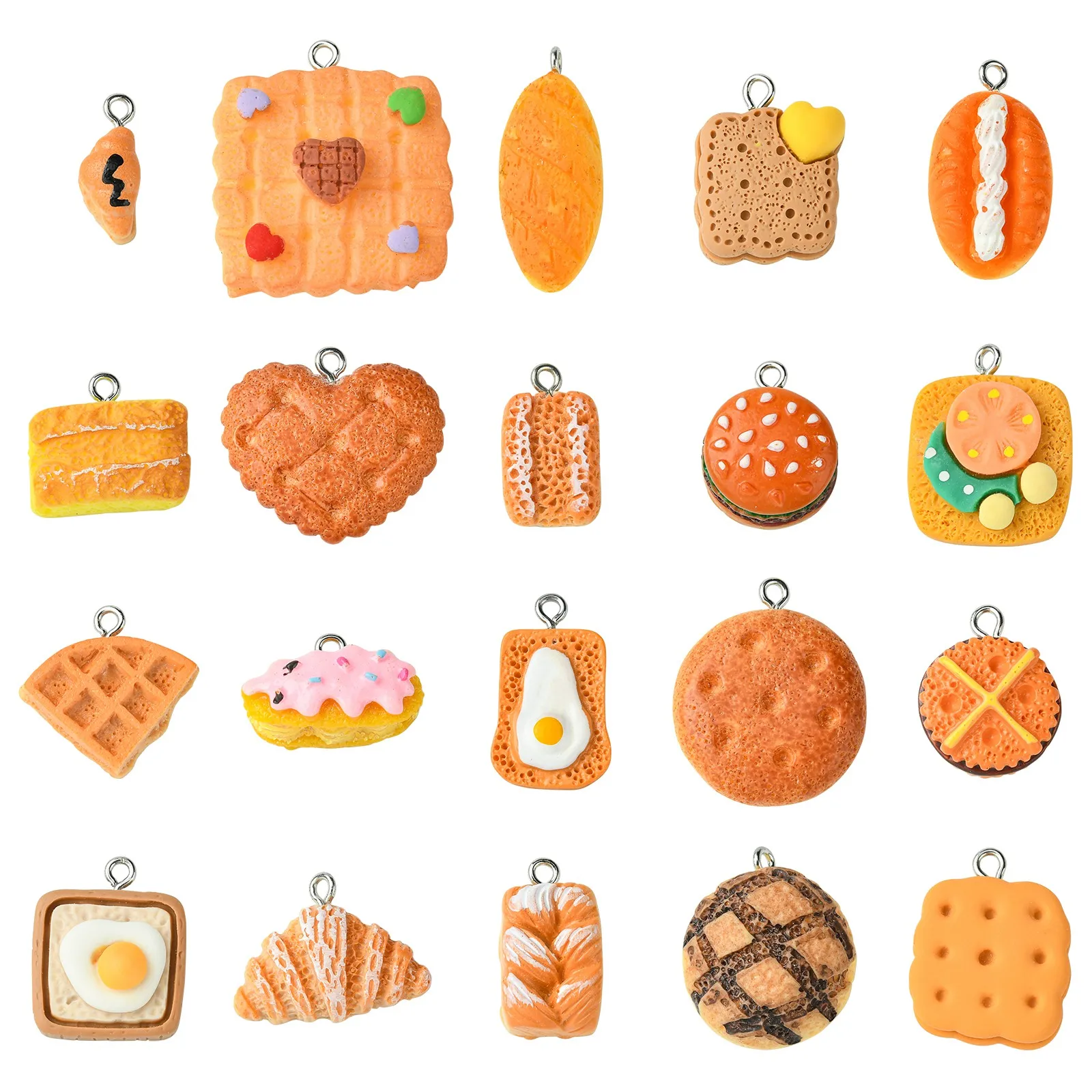 Pandahall 20Pcs Mixed Styles Resin Handmade Simulation Food Charms Imitation Bread Toast Food Dangle Charms for Jewelry Making