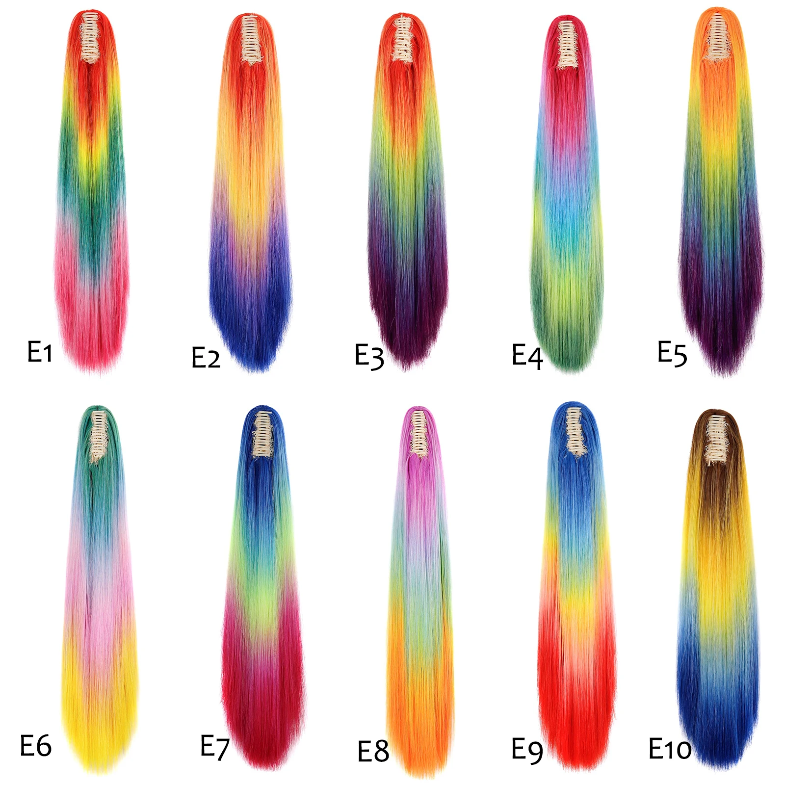 Zolin rabo de cavalo arco-íris ombre cor gradiente longo reto rabo de cavalo extensão do cabelo com garra estilo instantâneo peruca para mulher