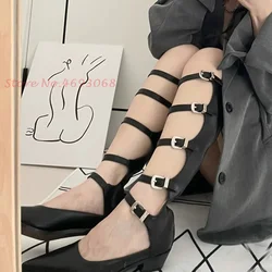 Pointy Toe Belt Buckle Knee High Sandals Women Sexy Puttee Summer Black Med Block Heel Leather Sandals 2022 Casual Party Sandals