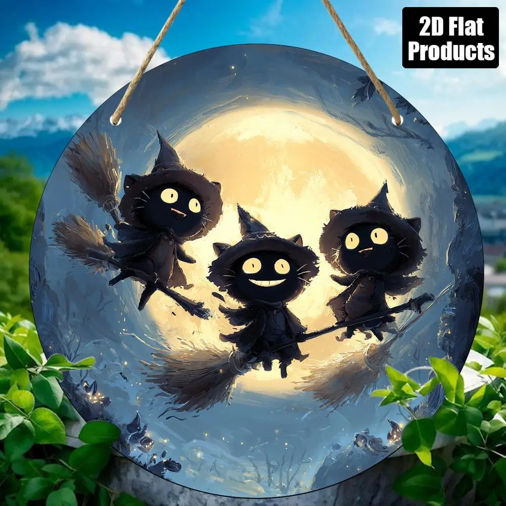 Letrero Redondo de Madera con Diseño 2D Plano, Impreso, 1 Pieza, con Tres Gatos Negros Sonrientes y Felices en Disfraces de Bruja (8*8in/20*20cm), Placa Decorativa