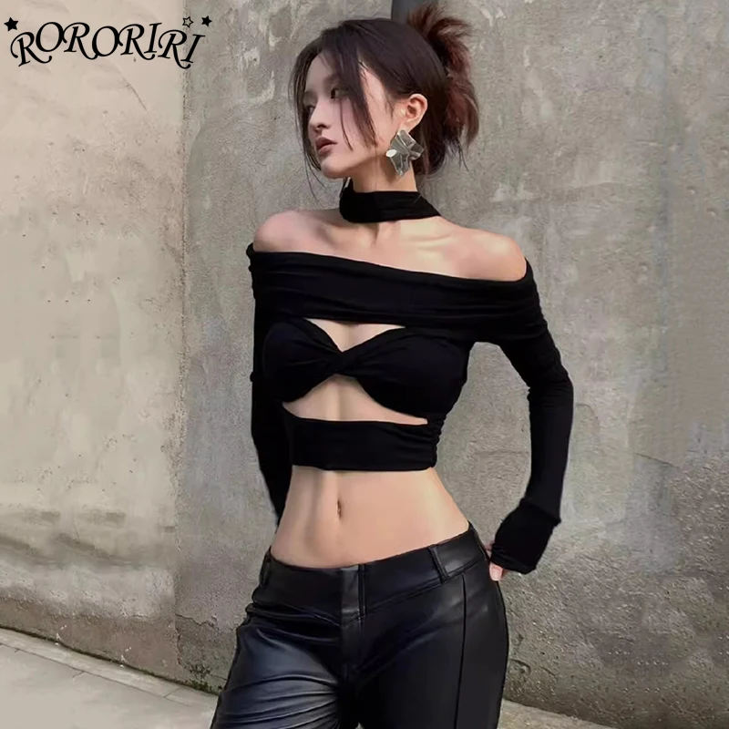 RORORIRI Hotties Cut-out Long Sleeves T-Shirt Women Grayu Solid Black Retro Halter Off-shoulder Strappy Crop Top Acubi Fashion