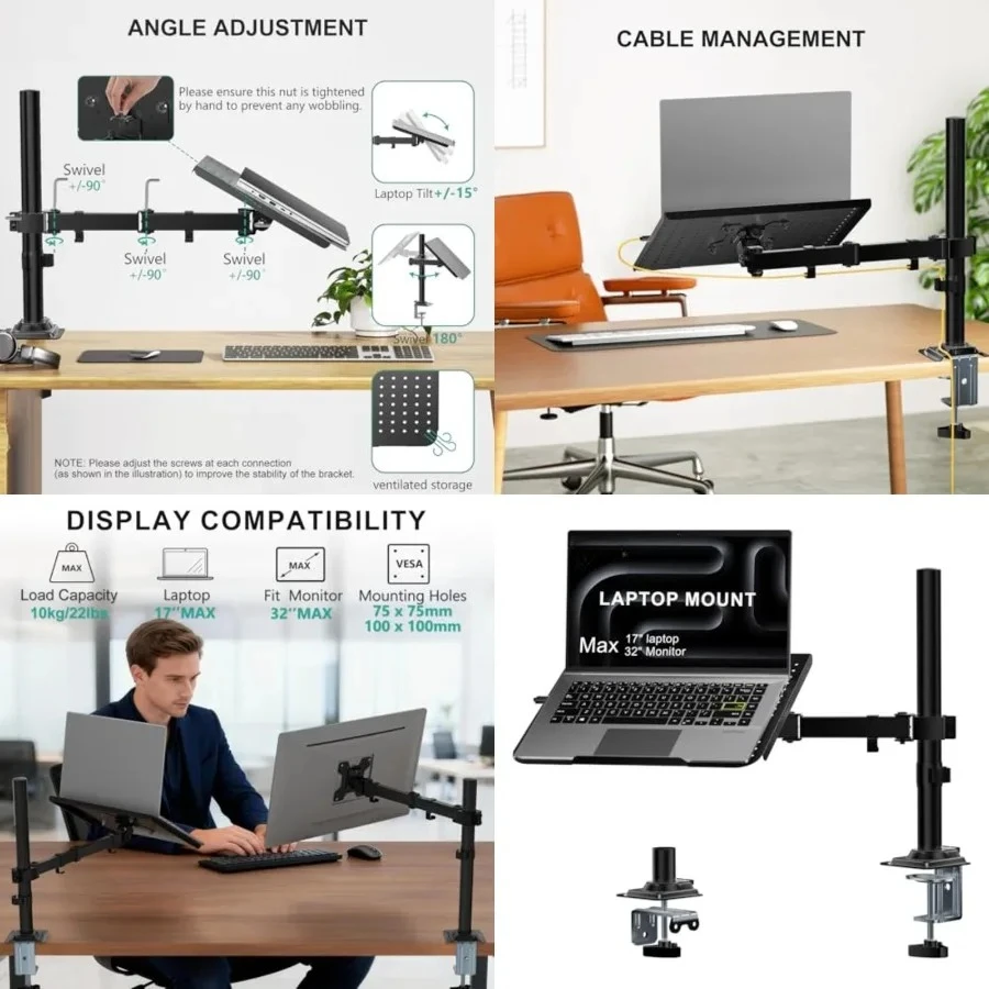 

Laptop Desk Mount for 17 inch Notebook, Adjustable Single Monitor Arm with Laptop Holder for 32 inch Screen, Laptops Stand with Ventilated Tray, Up to 22 lbs, (M00LP), Black