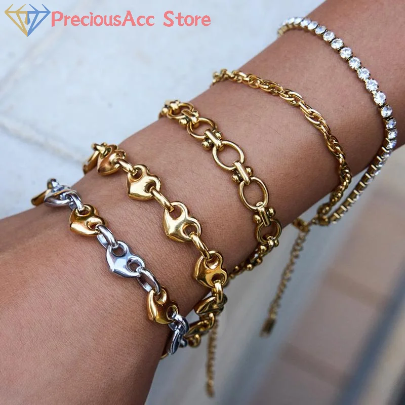 Minimalist Classic Stainless Steel Two Tone Heart Button Bracelet Necklace Earrings Stackable Round Button Bracelet Jewelry