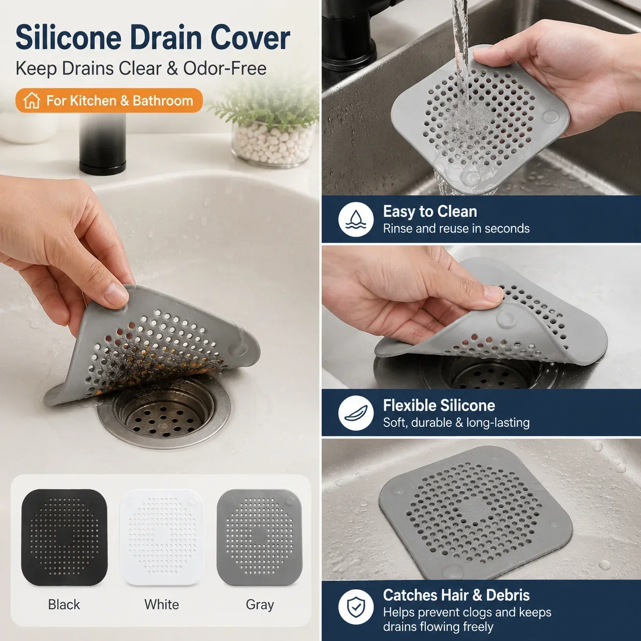 Silicone Suction Cup Drain Strainer, Kitchen Sink Hair Catcher Filter, Anti-Clog Bathroom Drain Cover