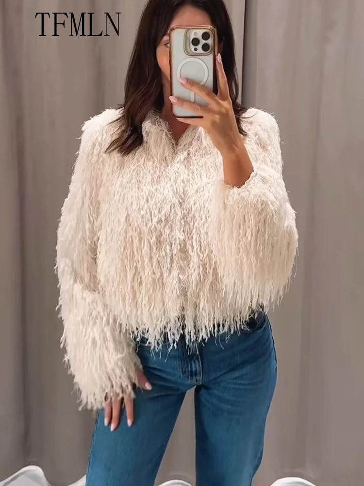 

Осень 2024, женские куртки из искусственного меха, модная шикарная верхняя одежда с круглым вырезом и длинными рукавами, топы, элегантные женские вечерние однотонные уличные пальто