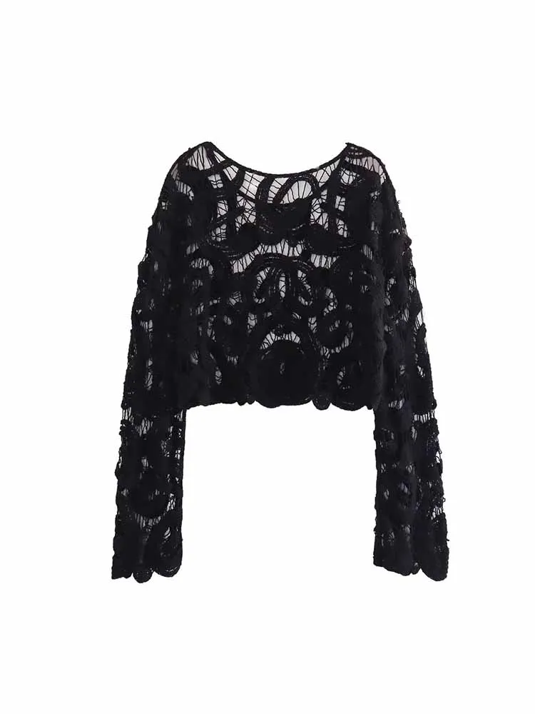 

Women New Fashion stripe Hollowed out design Crochet Knitted Cropped Tops Vintage O Neck Long Sleeve Female Pullovers Chic Tops