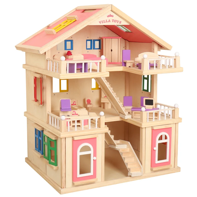 Wooden Solid Wood Simulation Three-Story Villa Children Simulation Every House Princess Doll House Set Toys