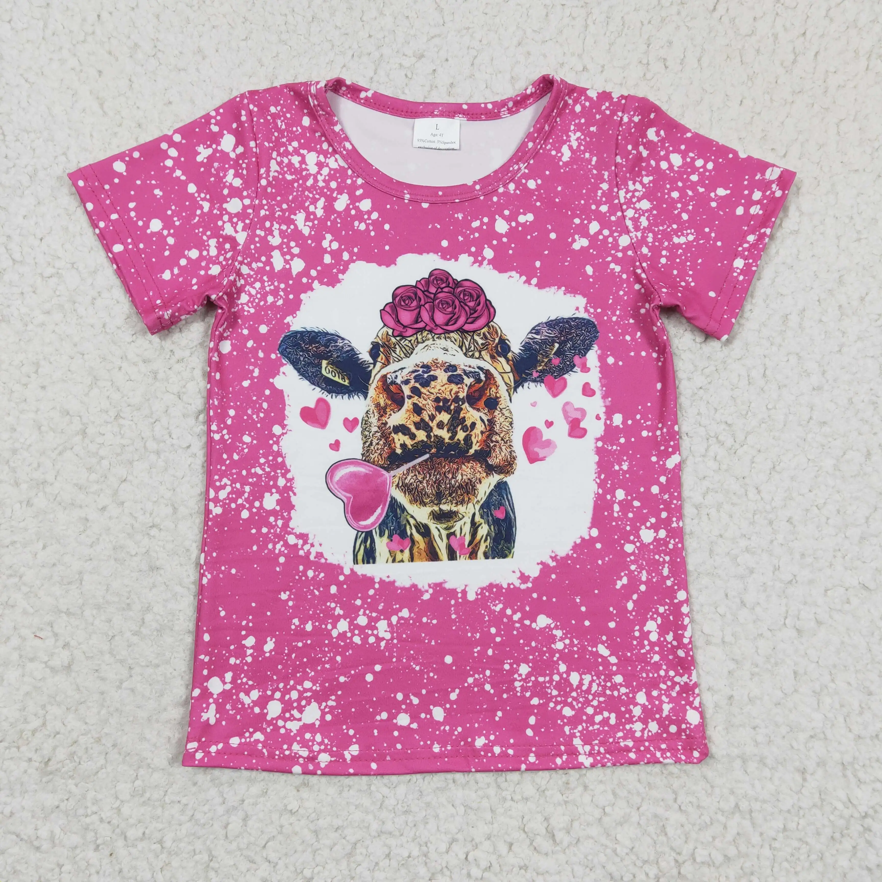 

z1126-06 GT0111 Wholesale baby girls clothes Valentine day Love Cow Flower Short Sleeve top Boutique clothes for girls tshirts