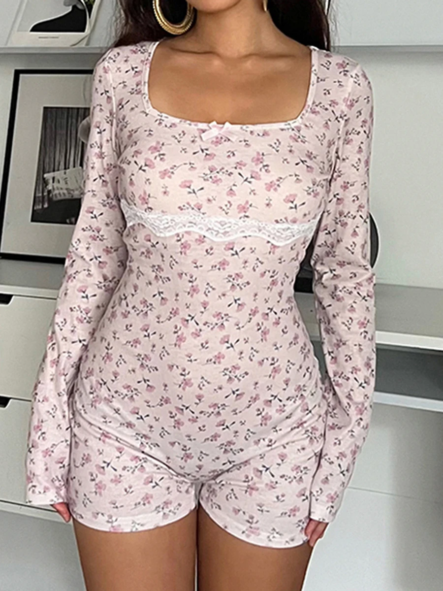 

Women's Autumn Short Pajamas Romper Floral Print Lace Decor Long Sleeve Fitted Playsuits Female Casual Loungewear Sleepwear