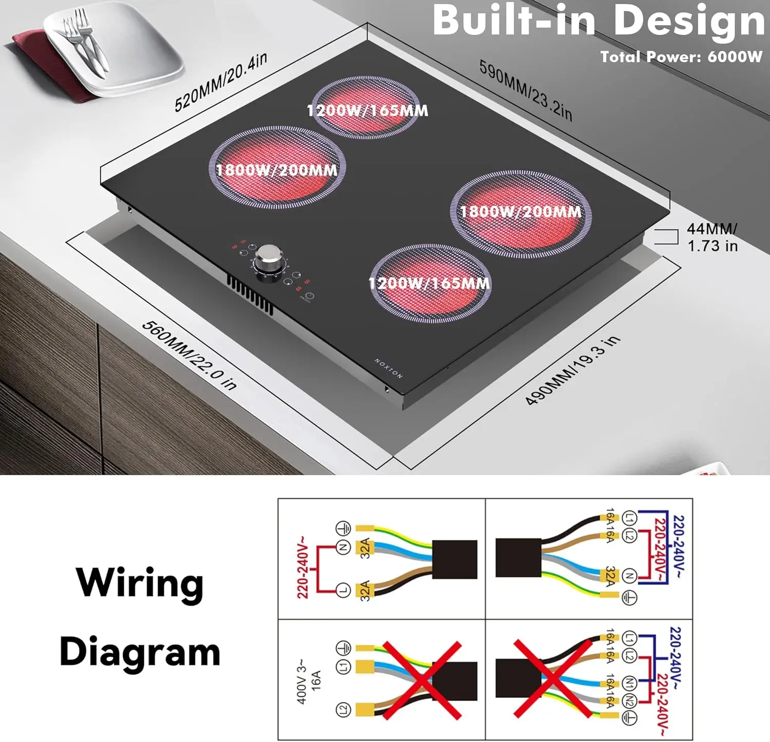 เตาเซรามิก NOXTON 4 โซน สีดํา 6000W มีสายฮาร์ด 220-240V ในตัว ระบบสัมผัสและปุ่มควบคุมหนึ่งปุ่ม ไฟแสดงความร้อน (ไม่มีปลั๊ก)