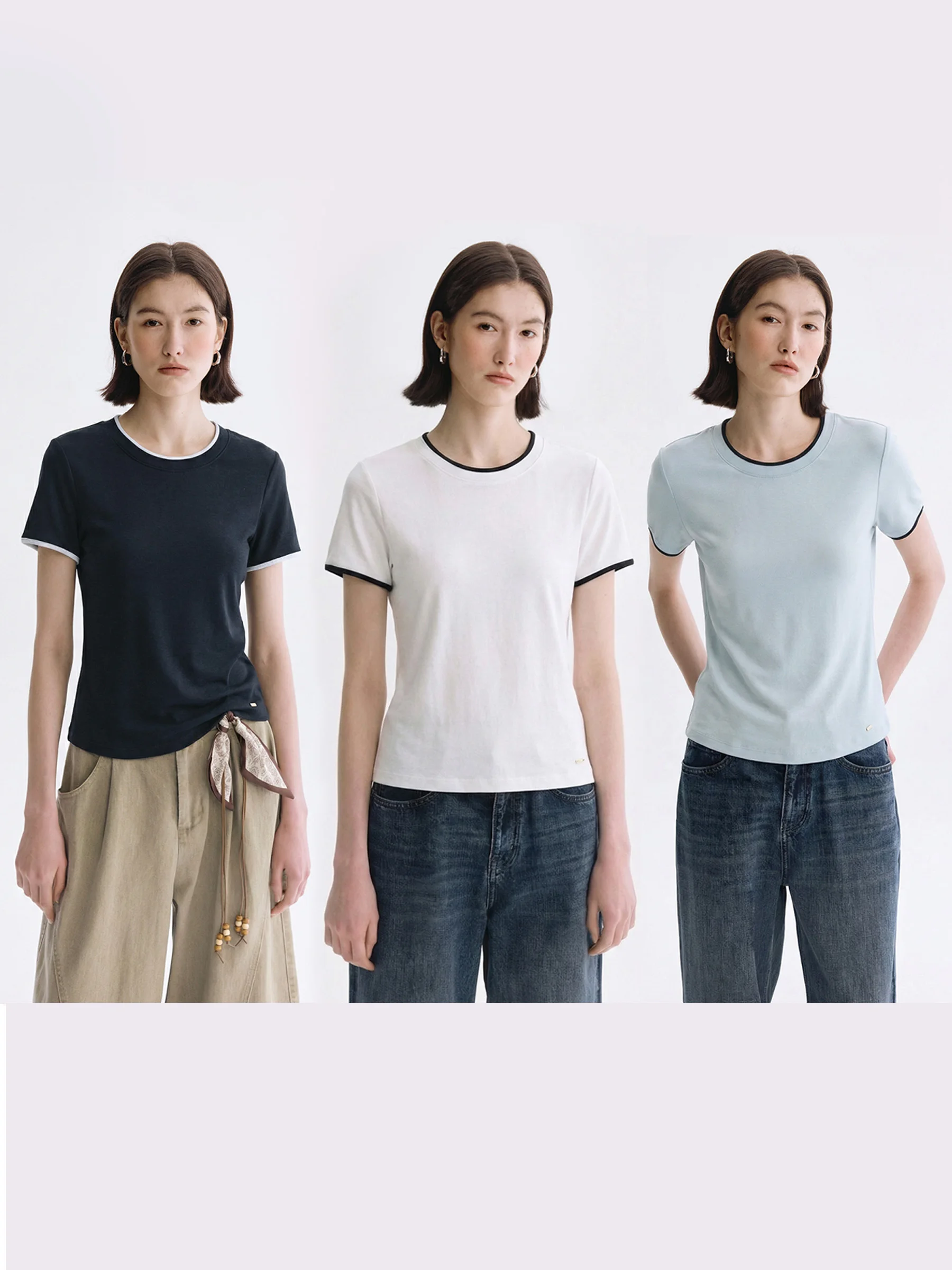 

DotDrobe Women's Elastic round Ne ort Sve T-irt Color Blo Collar Spring Summer New Arrival Casual Sle Cotton Blend