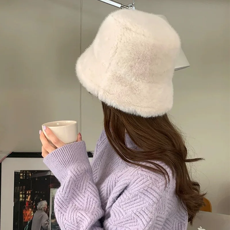 Korean Soft Snowy Day Outdoor Plain Face Covering Bucket Hat Imitation Mink Casual Versatile Warm Faux Fur Basin Hat