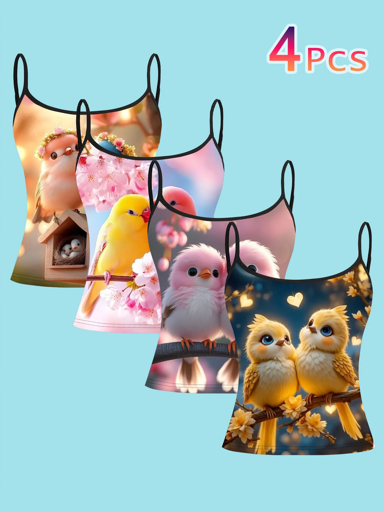 4-Piece Set of Cute Bird and Cherry Blossom Print Camisoles for Women, Pink and Yellow Healing Soft Girl Style Slim-Fit Spaghetti Strap Tops