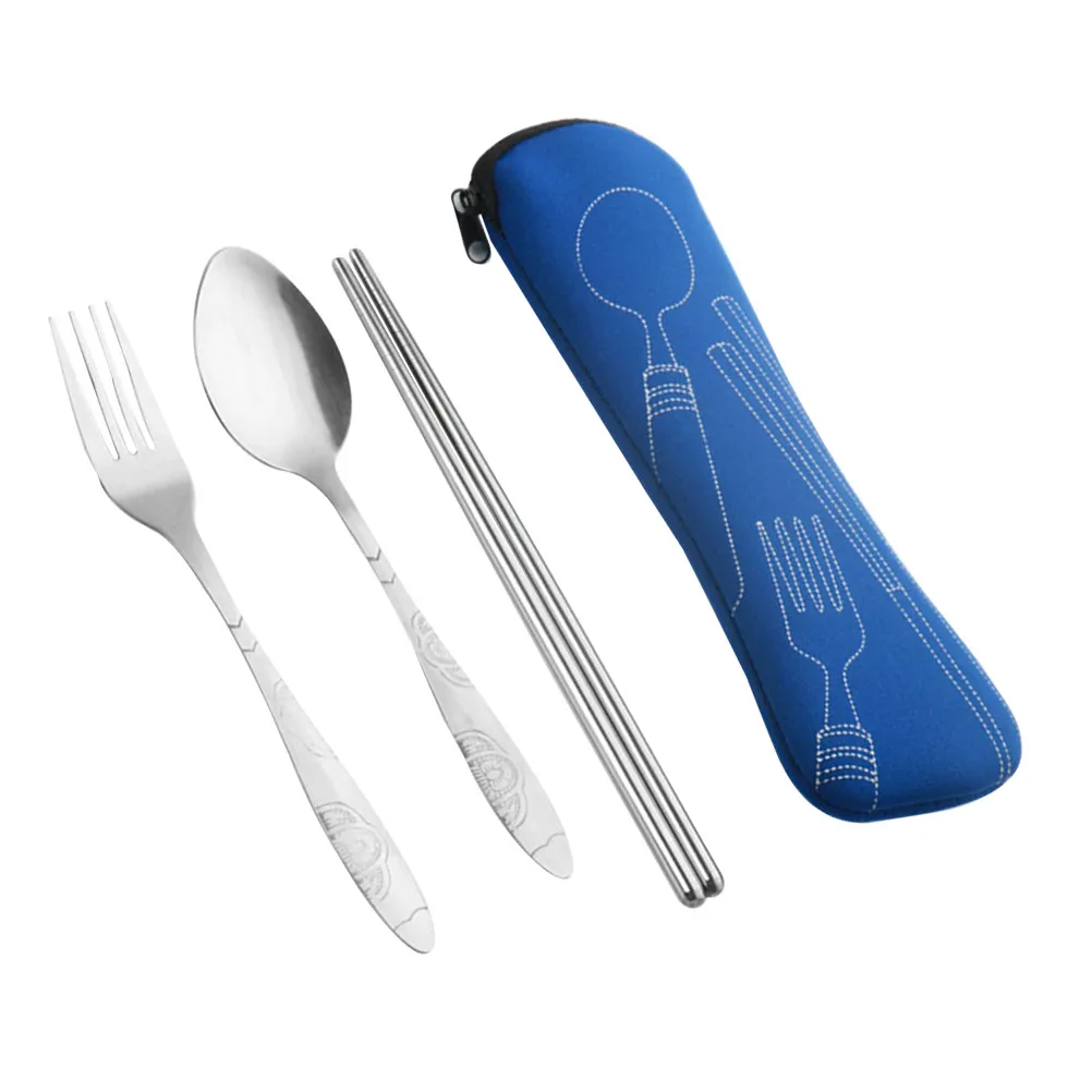 4Pcs Stainless Steel Dinnerware Set Portable Eco Cutlery Suit for School Work Travel Includes Fork Spoon Chopsticks Storage Bag