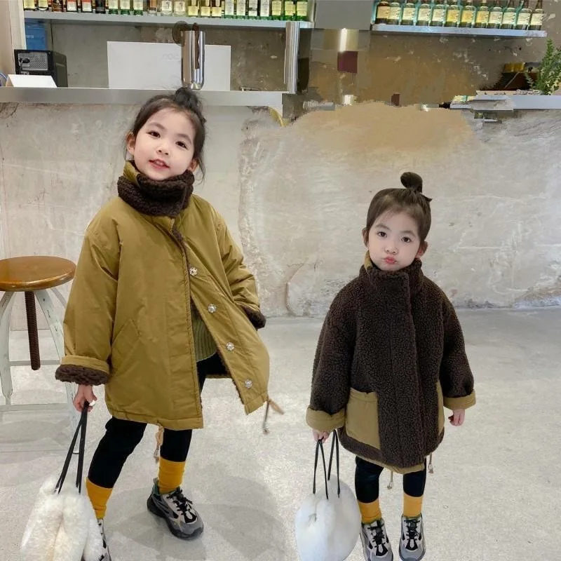 2023 Autumn/Winter Girls' Coat Personalized Fashion Brand Korean Edition Thickened Lamb Fleece Two Sided Fashion Top