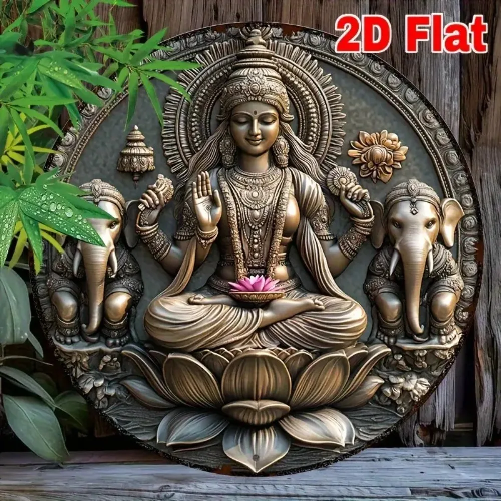 CIFBUY Vintage Indian Goddess Lakshmi Elephant Lotus Aluminum Wall Art Waterproof Durable Distressed Decor For Home Office Cafe