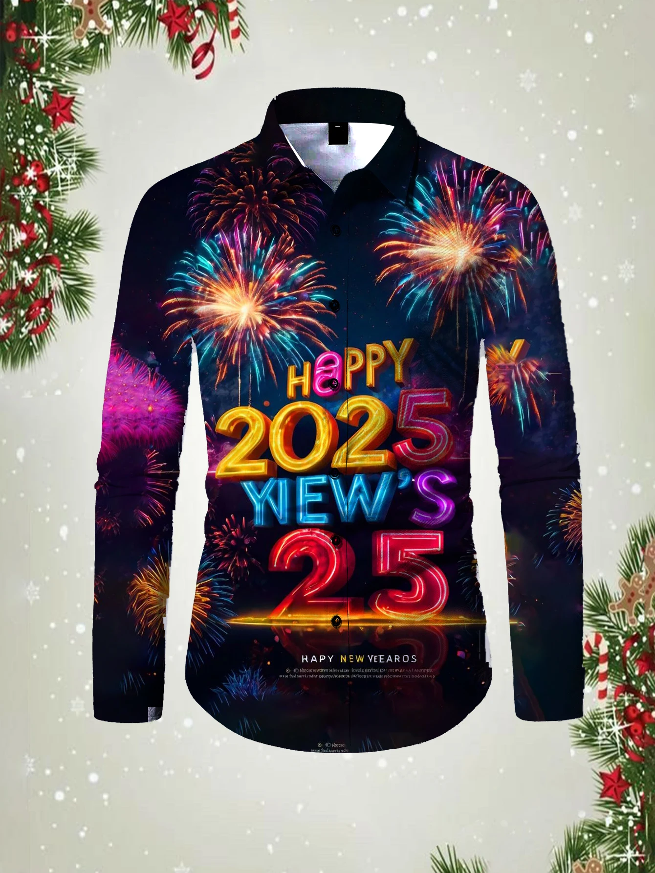 2025 Happy New Year Fashion Men's Casual Long Sleeve Shirt Breathable Tops New Year's Themed Stylish Pattern Full Sleeve Shirt