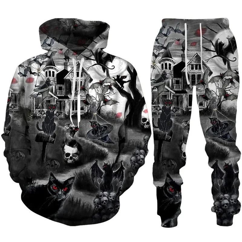 Autumn Hoodie Suit New Men\'s Floral Skull Hoodie 3D Printed Pattern Sports Shirt Set 2-piece Sportswear Casual Street Clothing