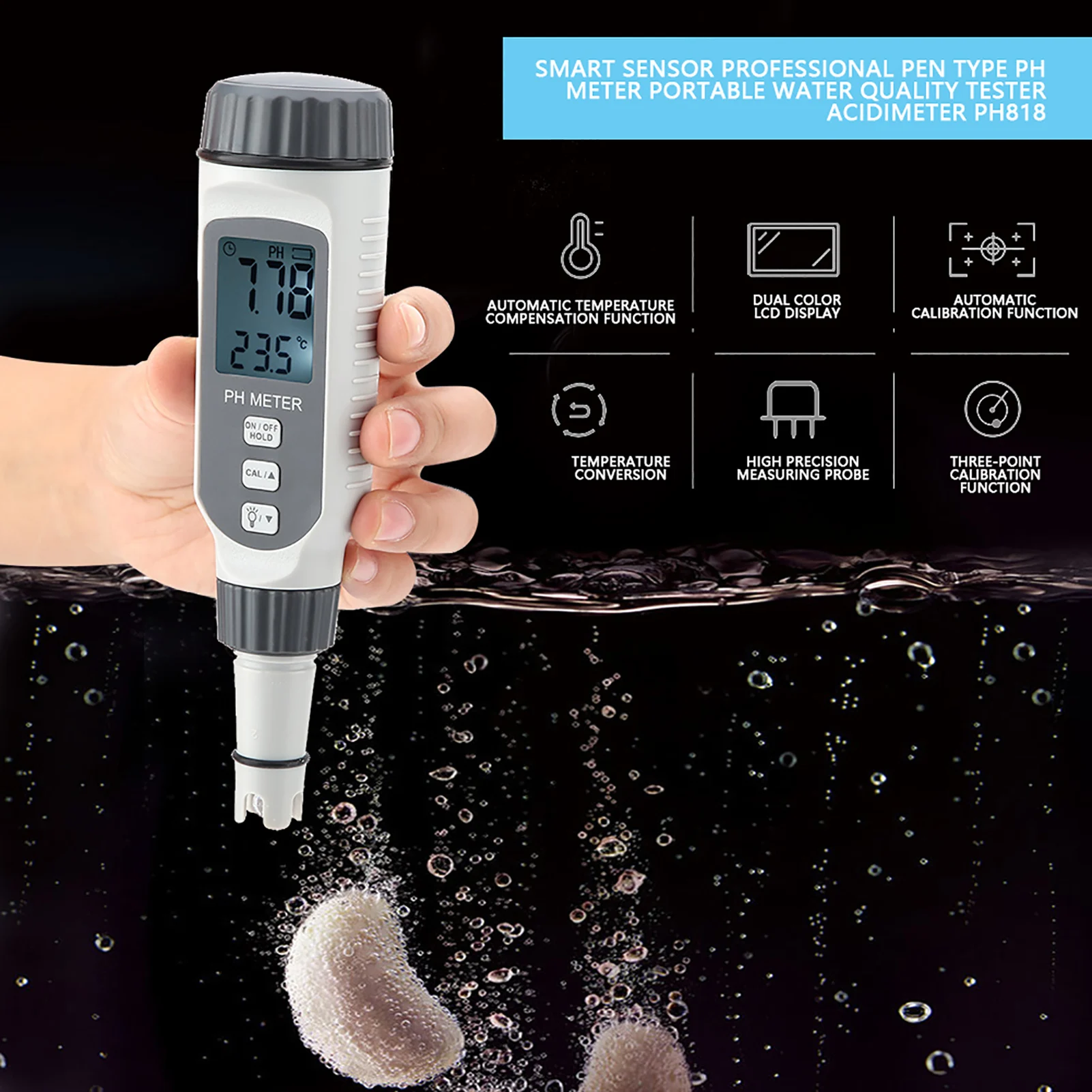 Acidometro SMART SENSOR misuratore professionale Tester portatile per la qualità dell\'acqua acidometro PH818 contatore dell\'acqua Tester per la