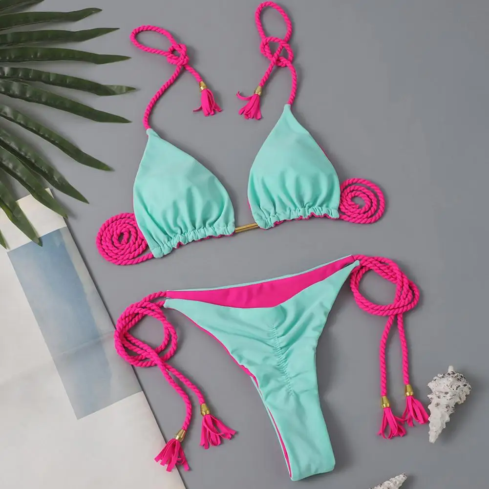 2 Pcs/Set Women Bikini Set Off Shoulder Lace-up Tassel Halter Neck Padded Wireless Lady Beachwear Bathing Suit Swimsuit