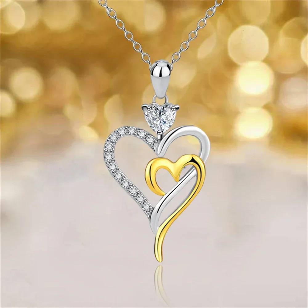 Exquisite Double Bicolor Love Zircon Necklace for Women Girls Delicate Heart Shaped Pendant Clavicle Chain Choker Jewelry Gifts