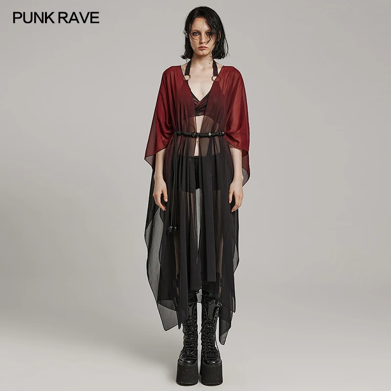 

PUNK RAVE Women's Gothic Loose Sunscreen Shirt Shawl Type Design Casual Chiffon Blouse Women Tops Three Colors