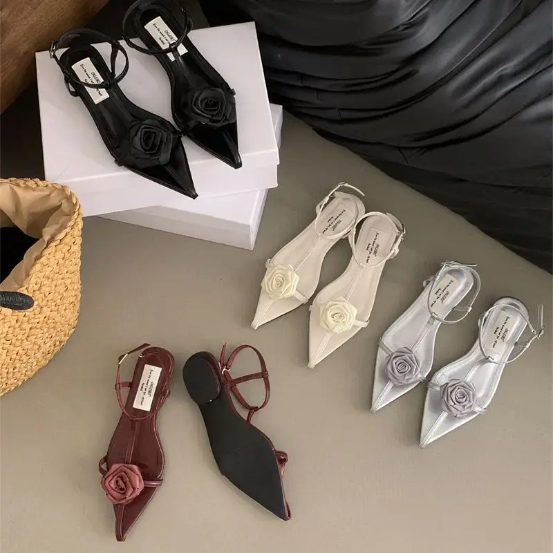 Bailamos Summer New Brand Women Sandal Fashion Big Flower Ladies Elegant Slingback Shoes Narrow Band Flat Ladies Gladiator Shoes