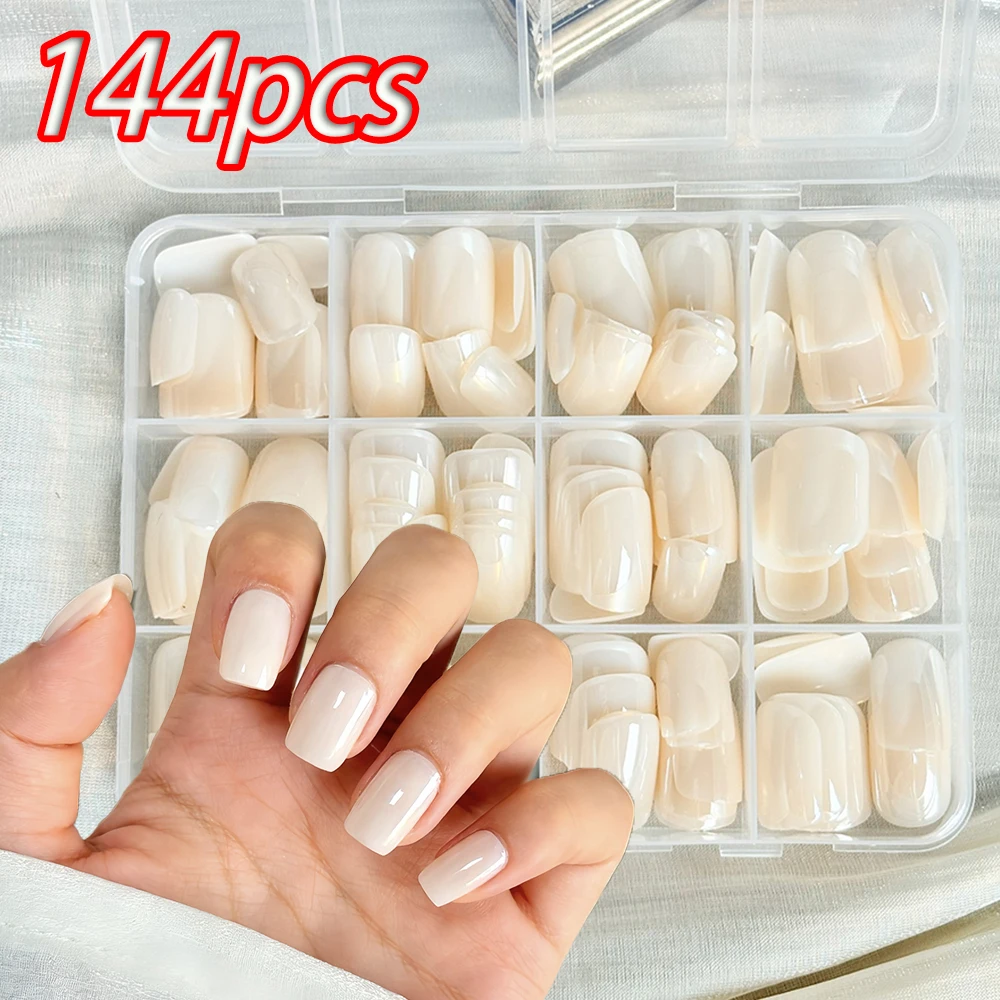 

144Pcs Short Square Nude Press On Nails Beige Gloss Soft Gel FakeNail Tips Full Coverage Wearable Nail For Women Nail Supplies
